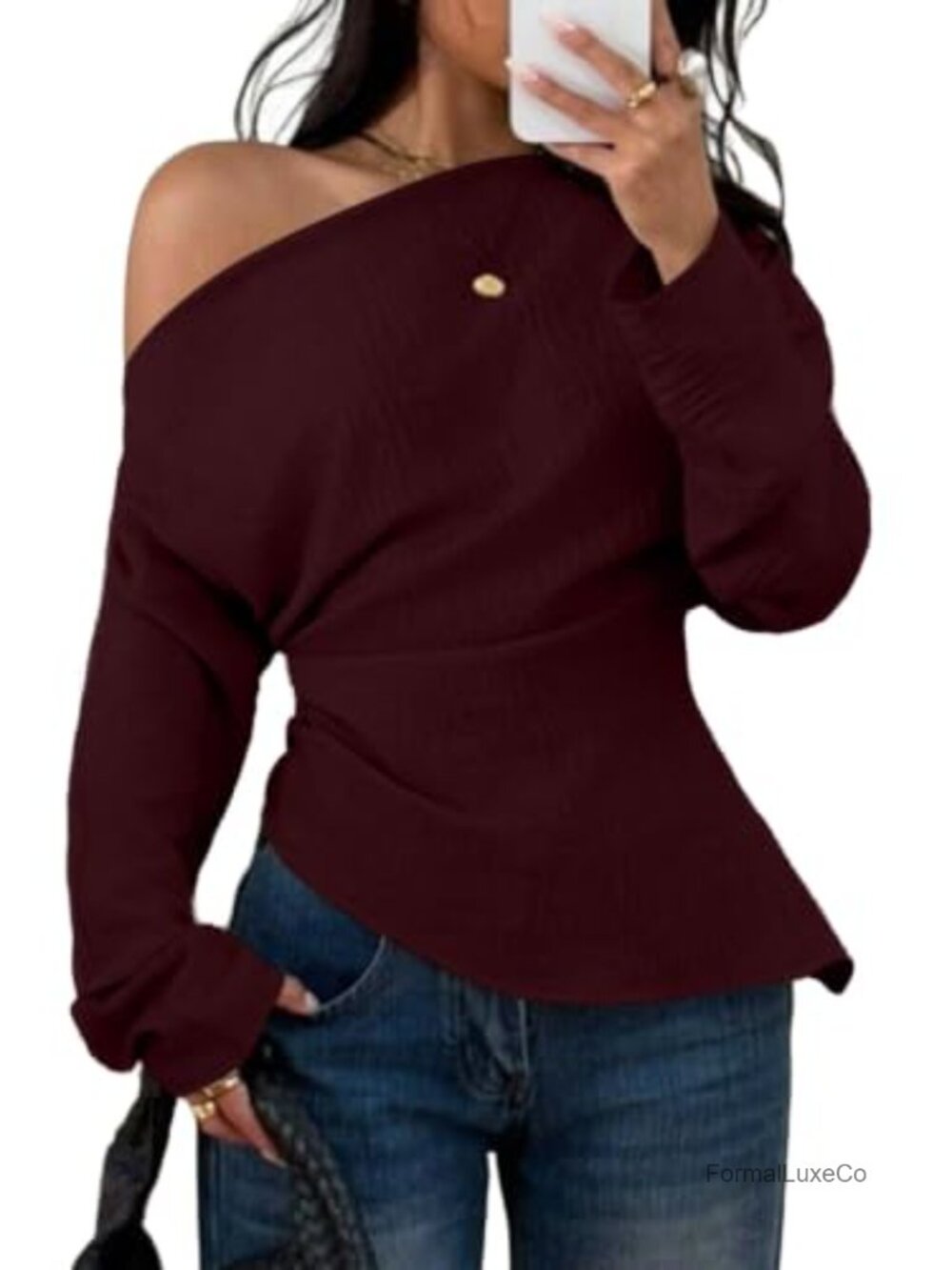Off Shoulder Long Sleeve Top Textured Going Out Blouse